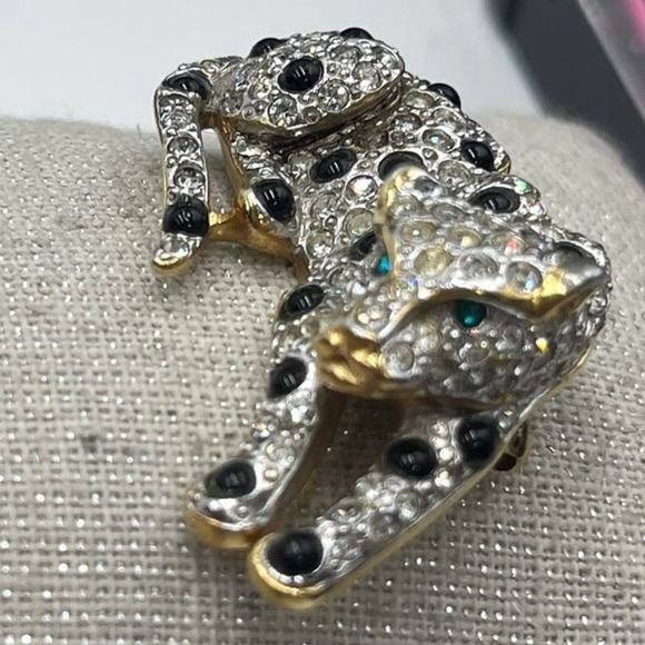 Panther Silver Gold Tone Rhinestones Black Cabochons Green Eye Brooch - Picture 12 of 16